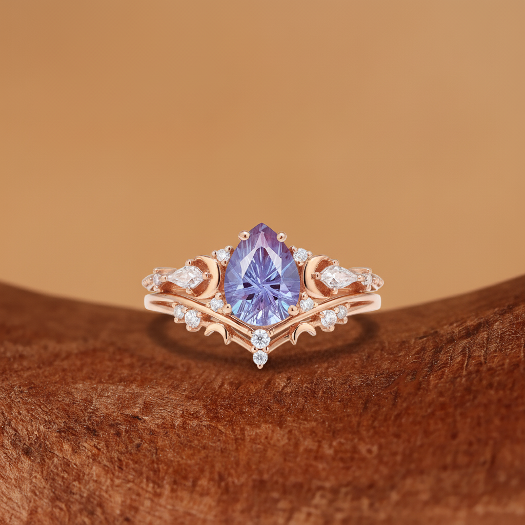 Melia -  Firework Cut Alexandrite Moon Nature Inspired Engagement Ring Set 2pcs
