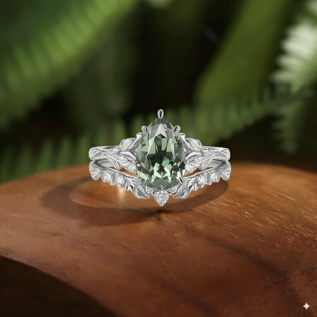 Dulcie - Pear Cut Vintage Green Sapphire & Leaf Engraved Wedding Ring Sets
