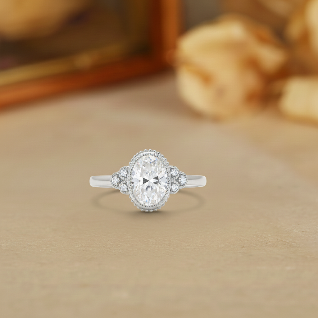 Nola - Three Stone Filigree Oval Cut Moissanite Halo Engagement Ring