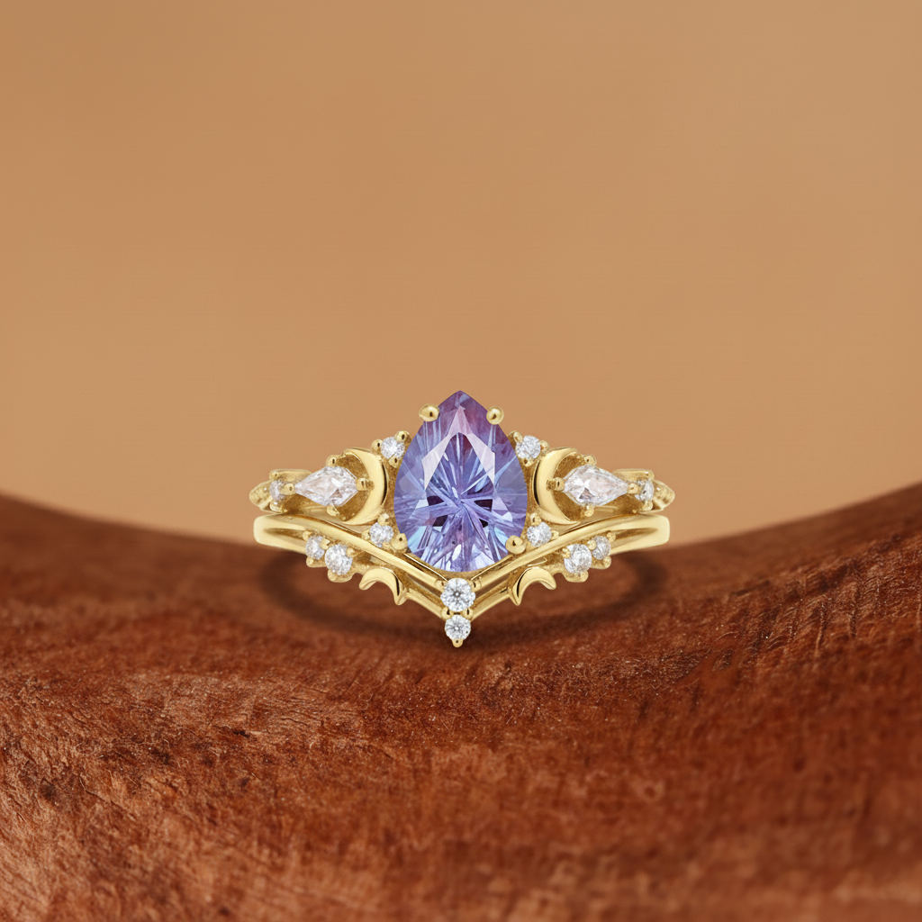 Melia -  Firework Cut Alexandrite Moon Nature Inspired Engagement Ring Set 2pcs