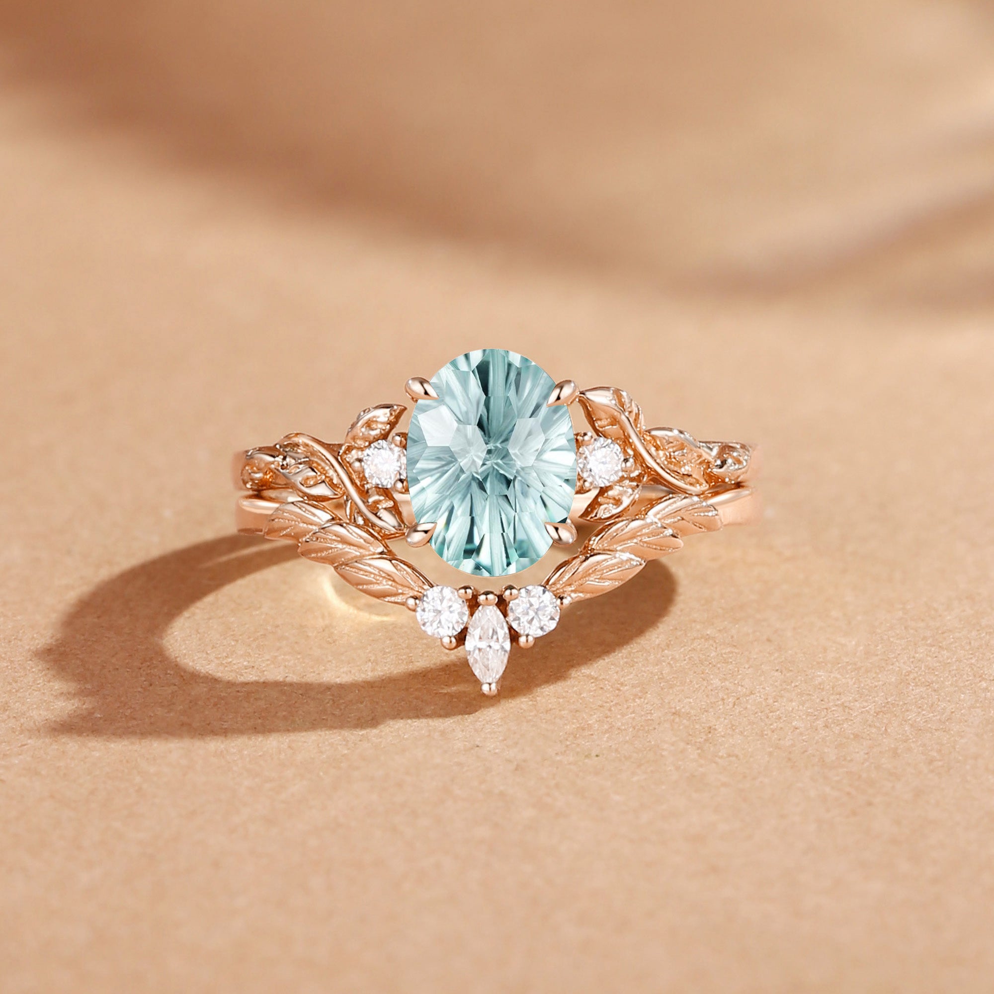 Eden - Nature Inspried Firework Cut Green Sapphire Oval Engagement Ring Set 2pcs