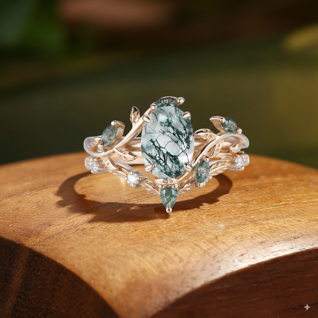Ilaria - Vintage Moss Agate & Leaf Cluster Bridal Set 2pcs