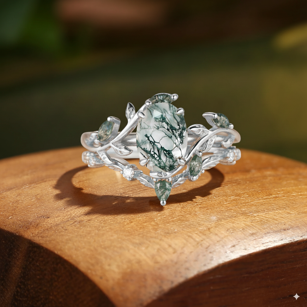 Ilaria - Vintage Moss Agate & Leaf Cluster Bridal Set 2pcs