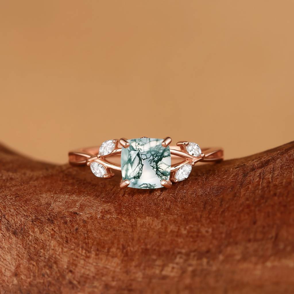 Penelope - Cushion Cut Moss Agate Infinity Engagement Ring