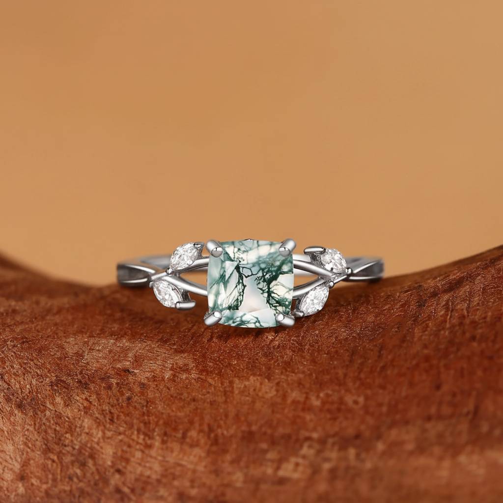 Penelope - Cushion Cut Moss Agate Infinity Engagement Ring