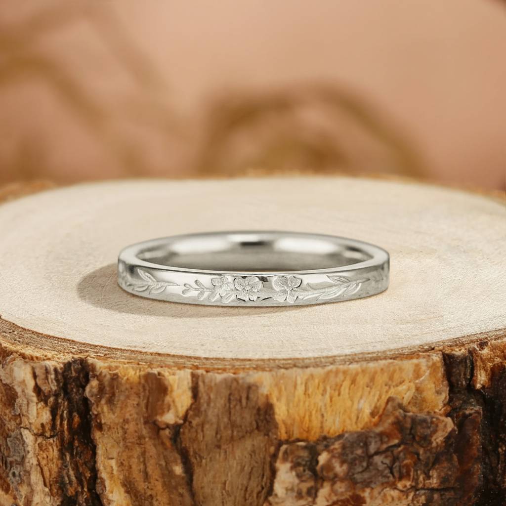 Birth Flower Ring Natural Inspired Leaf Wedding Band Art Deco