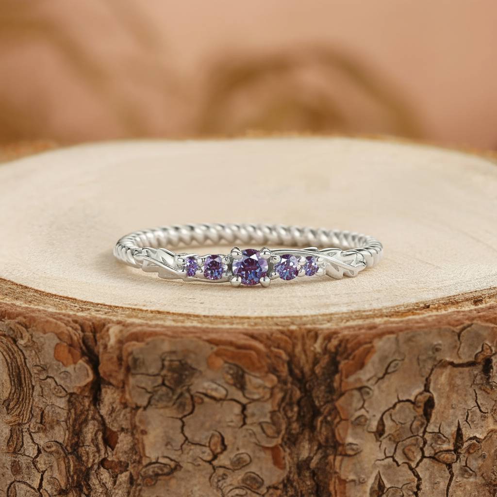 Wedding Band - Nature Inspired Alexandrite Twisted Leaf Ring