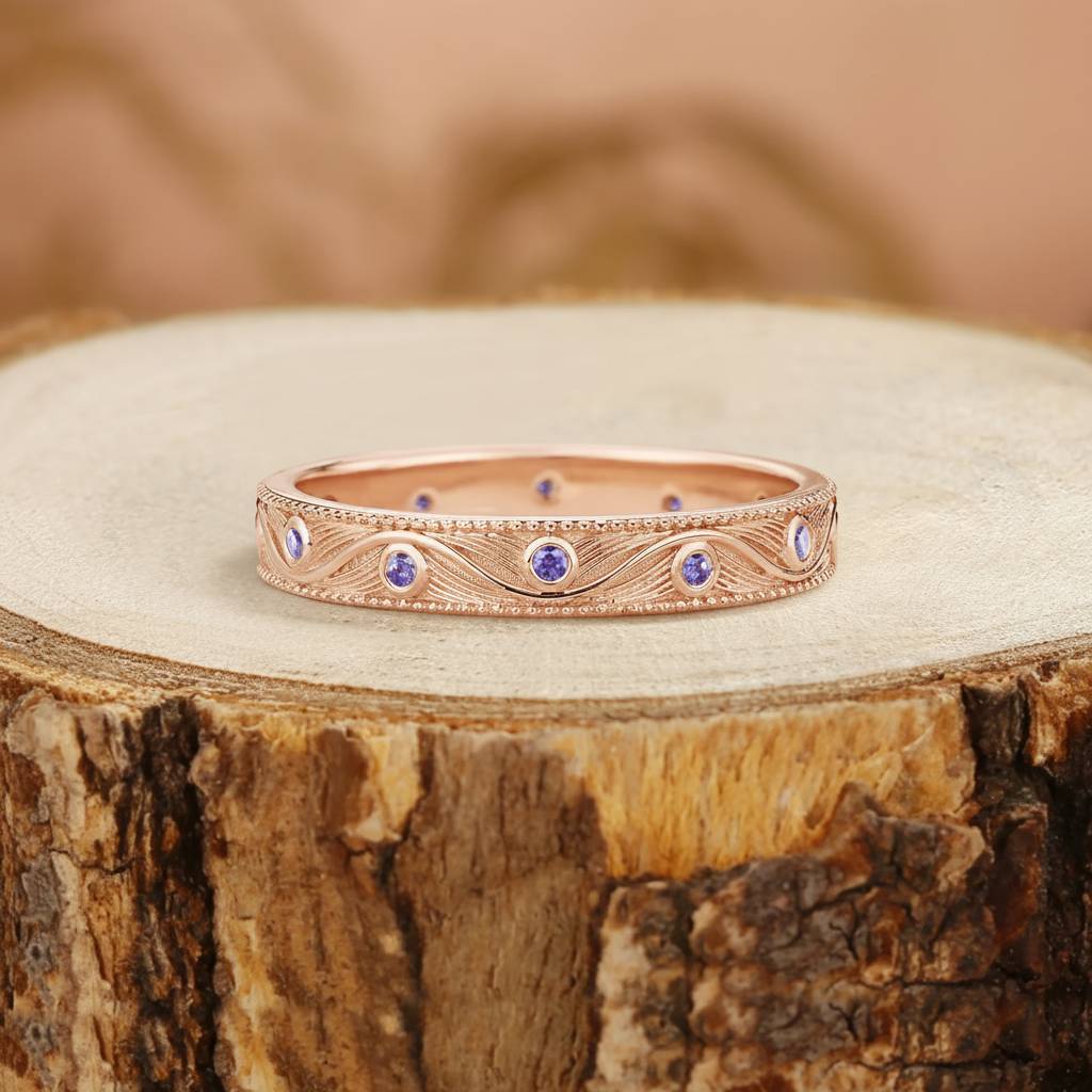 Wedding Band - Gold Alexandrite Engraved Wavy Wedding Ring