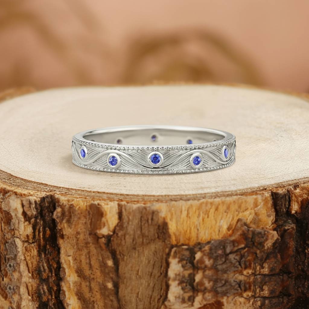 Wedding Band - Gold Alexandrite Engraved Wavy Wedding Ring