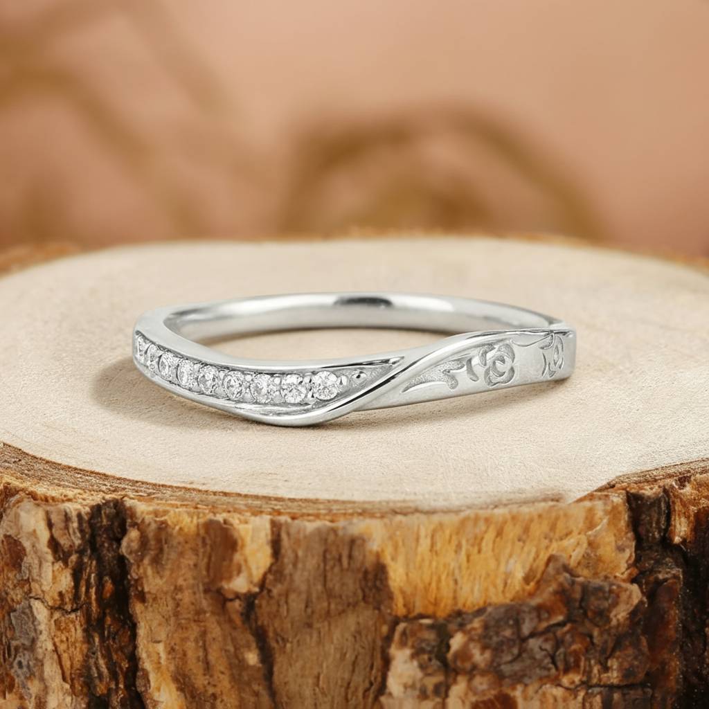Unique Moissanite Wedding Band Art Deco Engraved Flower Ring For Women