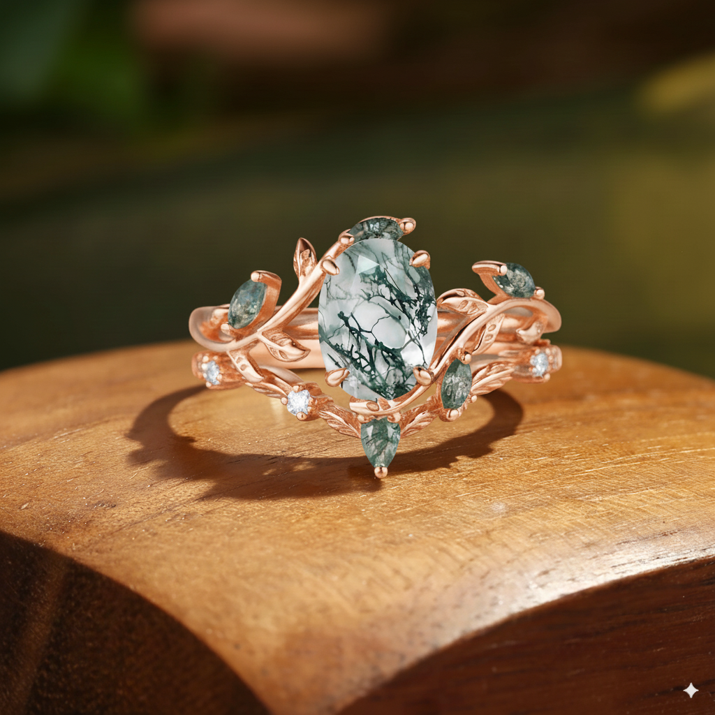 Ilaria - Vintage Moss Agate & Leaf Cluster Bridal Set 2pcs