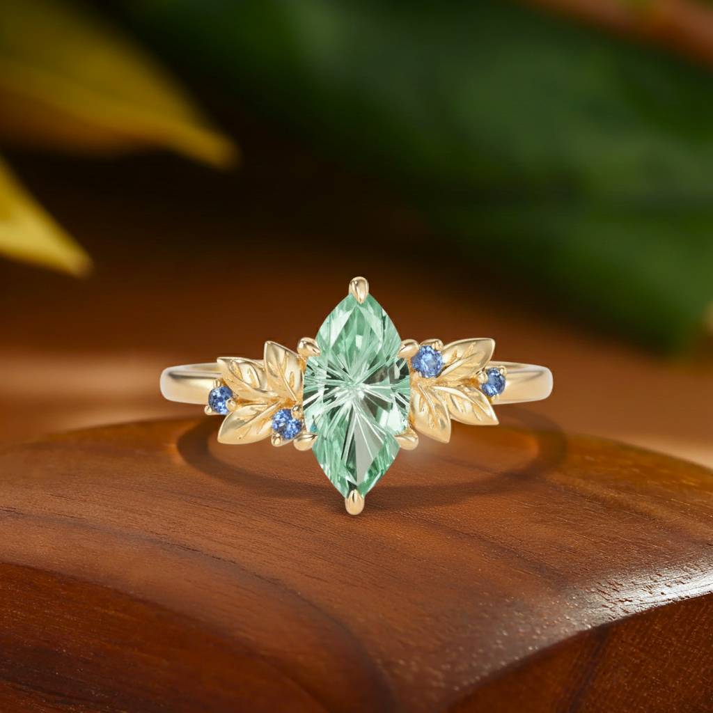 Eulalie - Firework Marquise Cut Lab Green Sapphire Leafy Engagement Ring