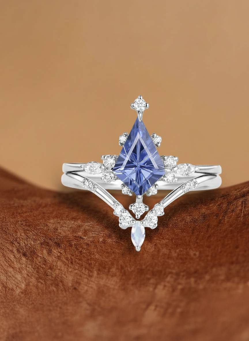 Odette - Firework Kite Cut Lab Cornflower Blue Sapphire Engagement Ring Sets 2pcs