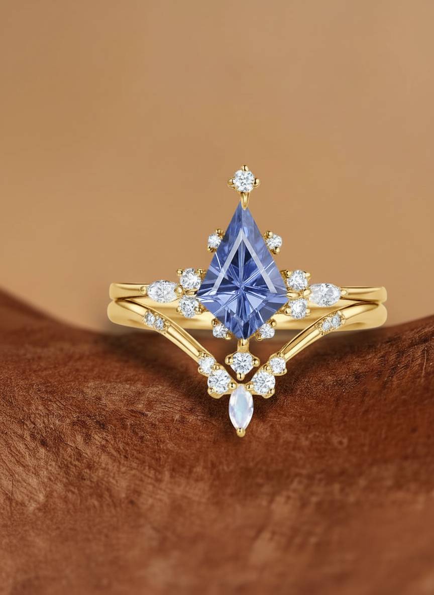 Odette - Firework Kite Cut Lab Cornflower Blue Sapphire Engagement Ring Sets 2pcs