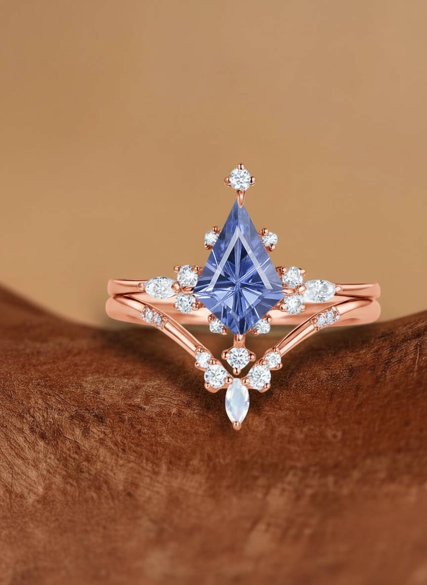 Odette - Firework Kite Cut Lab Cornflower Blue Sapphire Engagement Ring Sets 2pcs