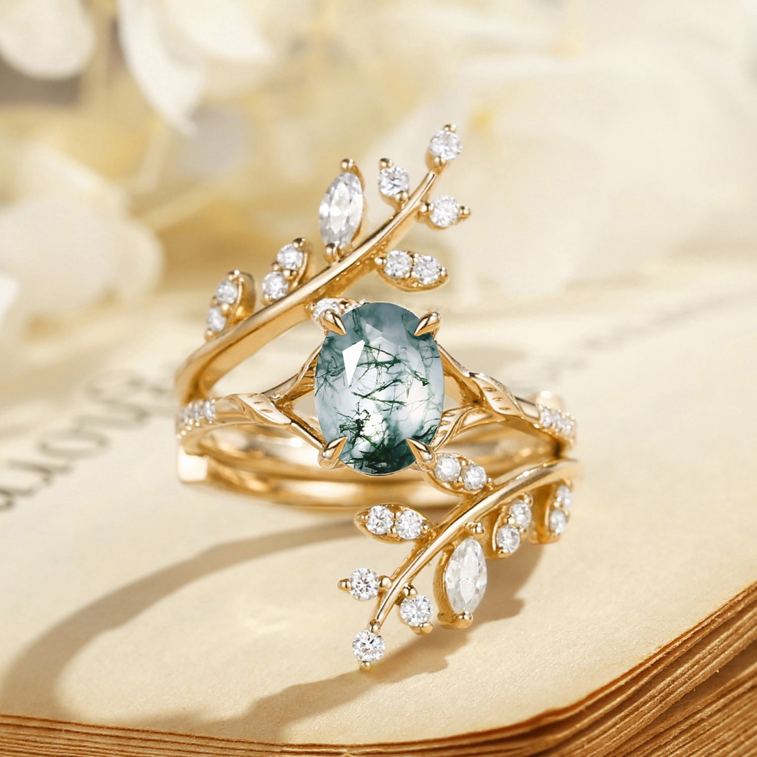 Daphne - Oval Cut Moss Agate Cluster Enhancer Ring Set 2pcs