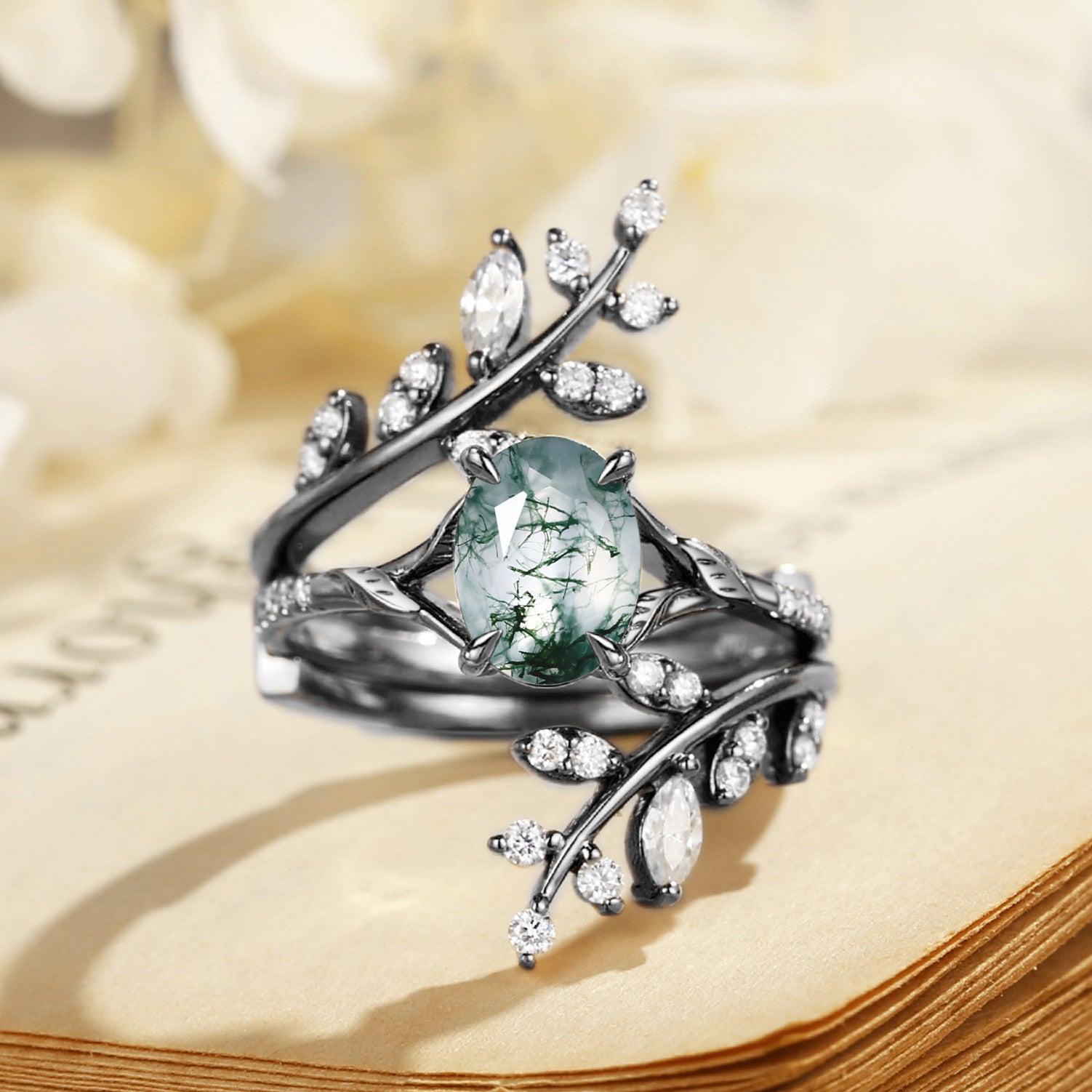 Daphne - Oval Cut Moss Agate Cluster Enhancer Ring Set 2pcs