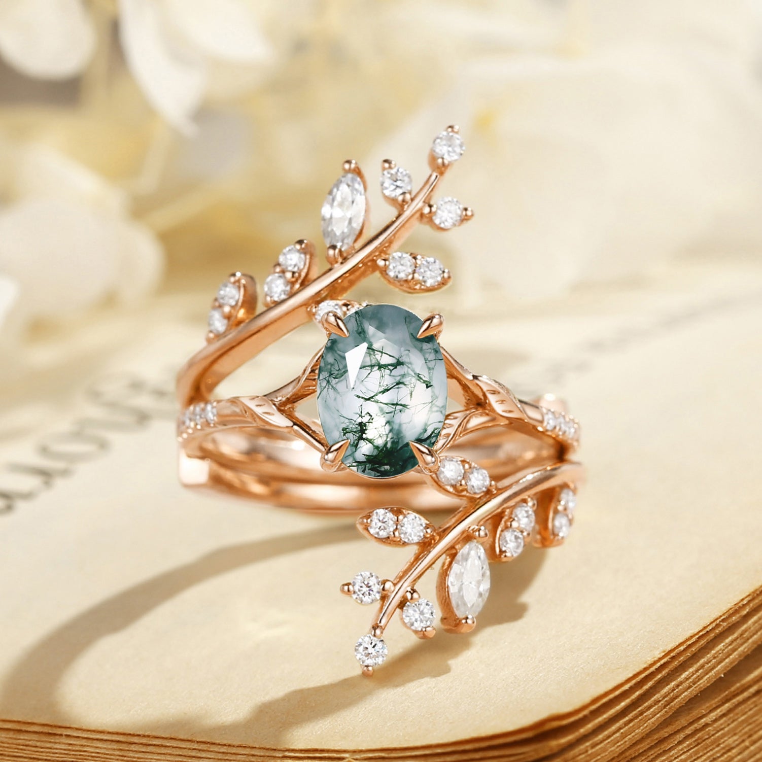 Daphne - Oval Cut Moss Agate Cluster Enhancer Ring Set 2pcs