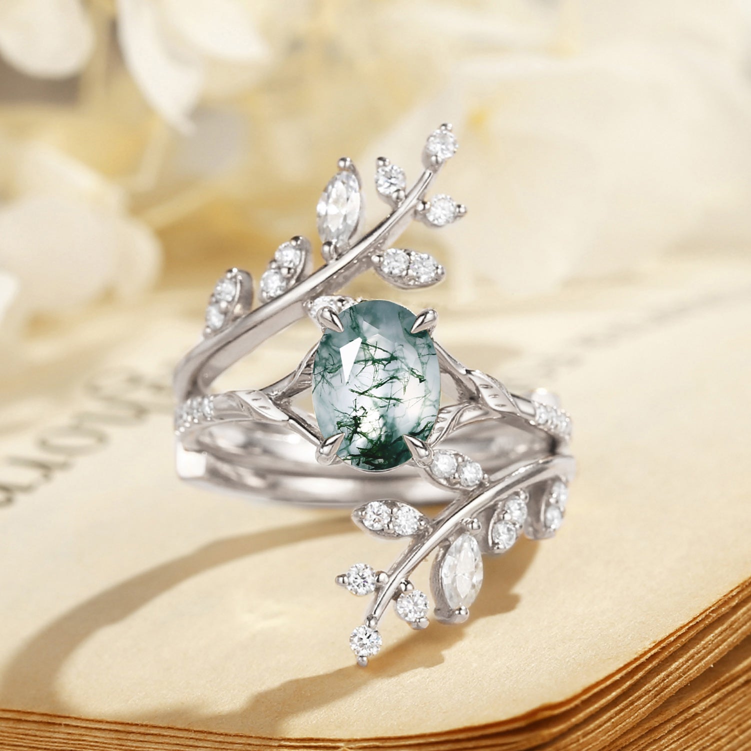 Daphne - Oval Cut Moss Agate Cluster Enhancer Ring Set 2pcs