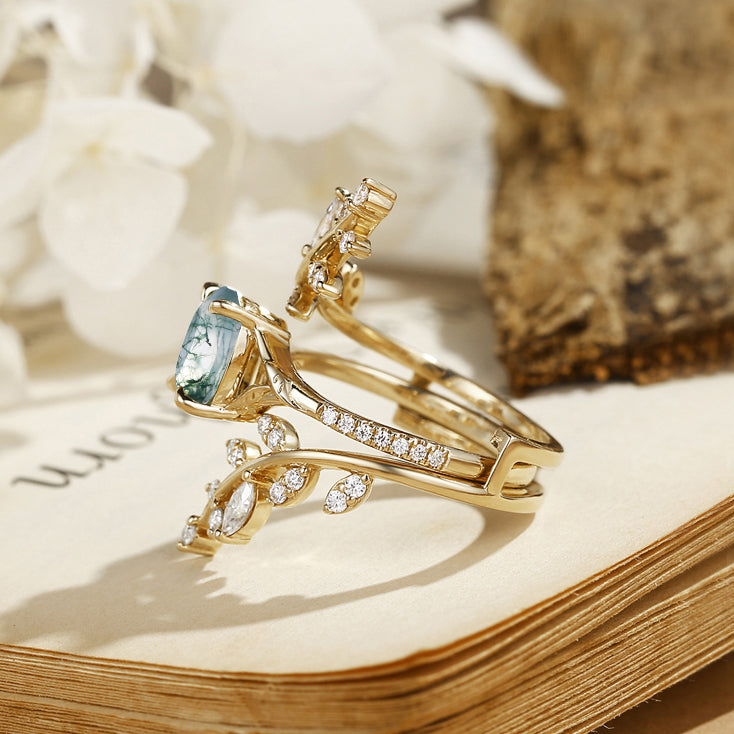 Daphne - Oval Cut Moss Agate Cluster Enhancer Ring Set 2pcs