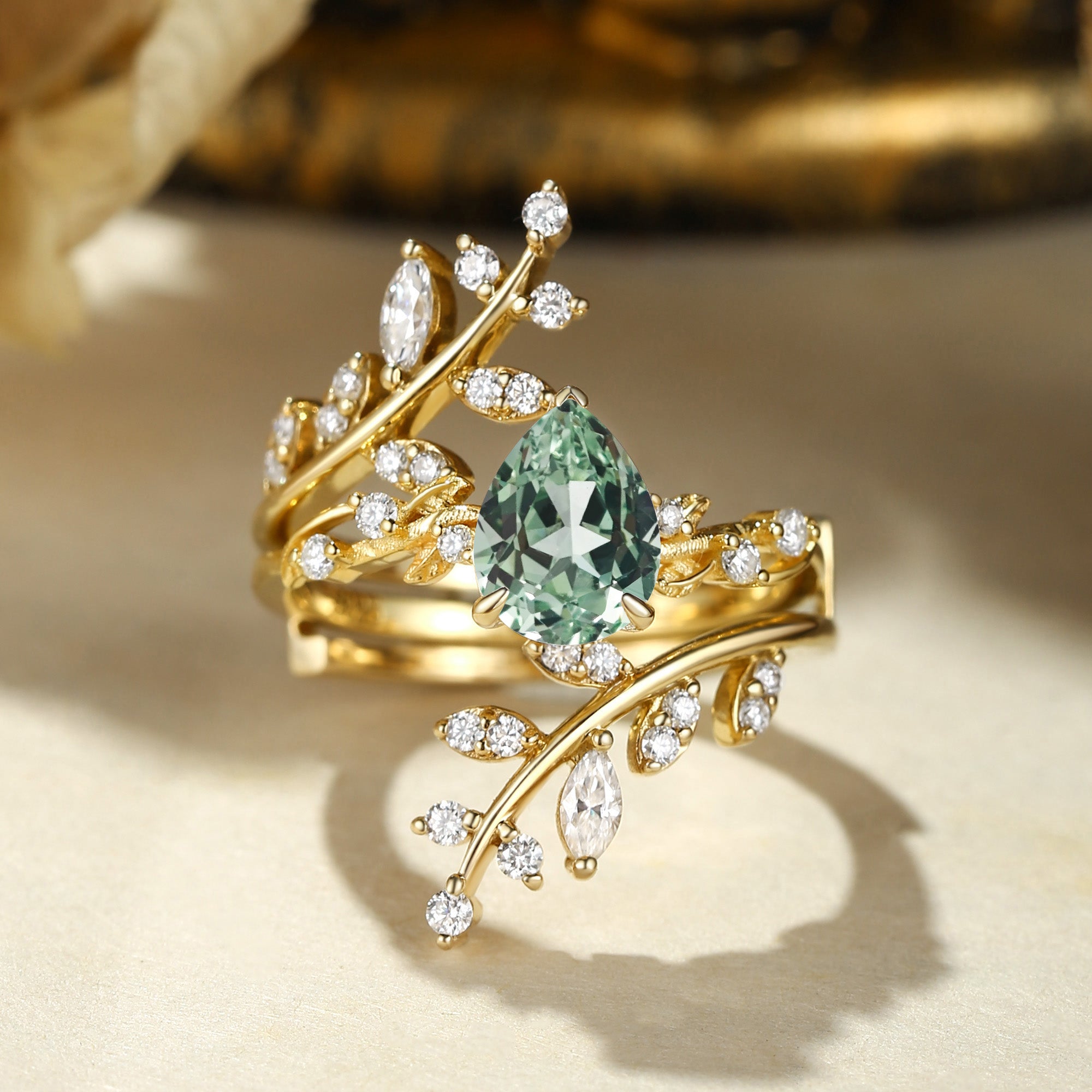 Elaine - Pear Cut Mint Green Sapphire Enhancer Bridal Set 2pcs