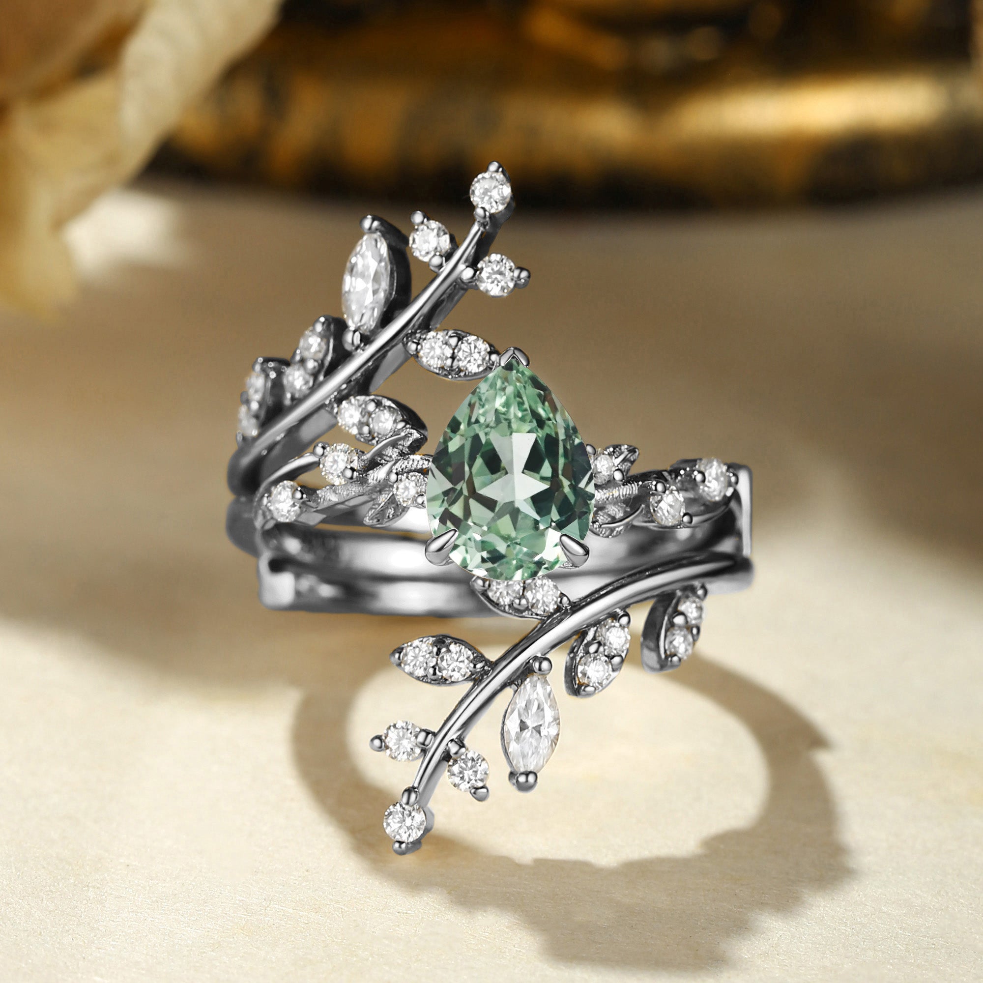 Elaine - Pear Cut Mint Green Sapphire Enhancer Bridal Set 2pcs