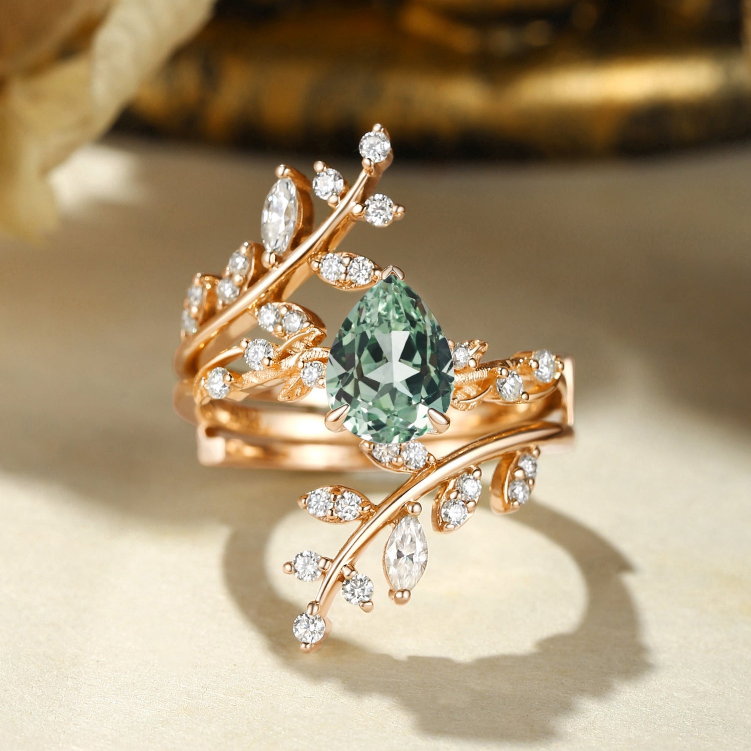 Elaine - Pear Cut Mint Green Sapphire Enhancer Bridal Set 2pcs