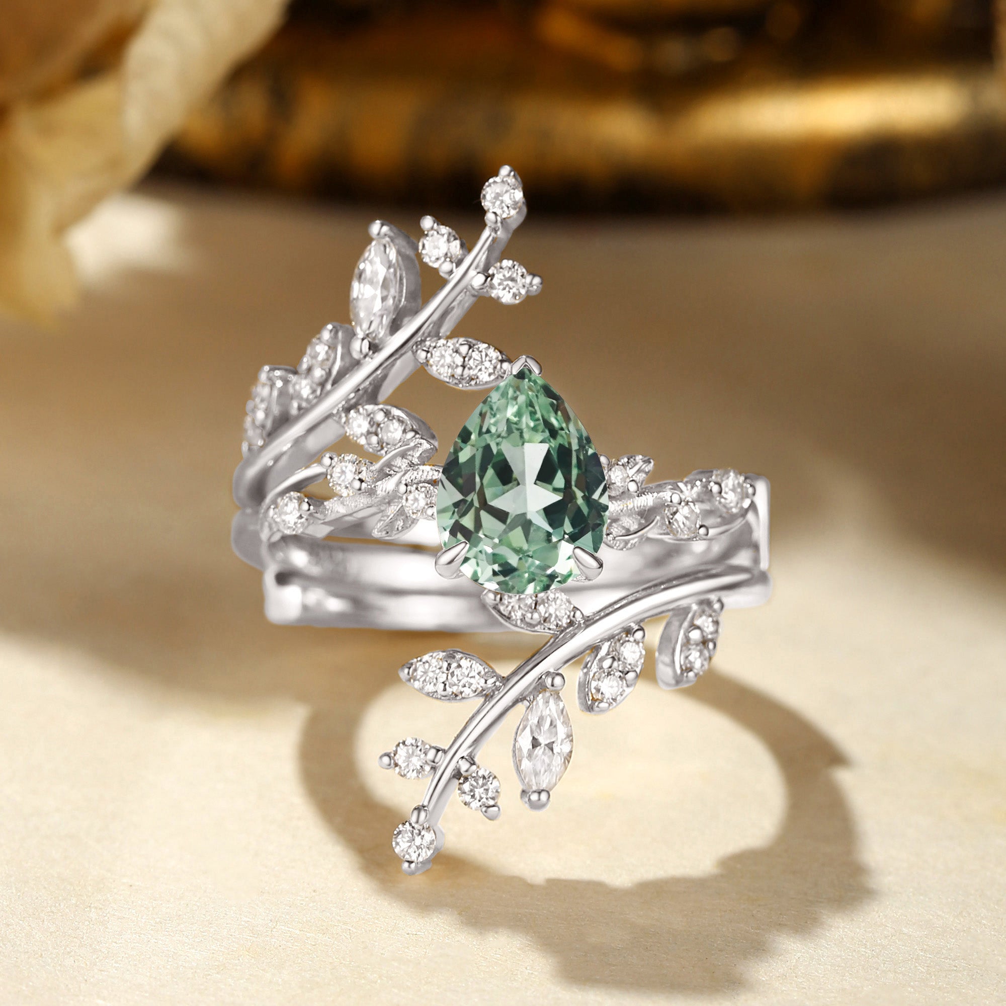 Elaine - Pear Cut Mint Green Sapphire Enhancer Bridal Set 2pcs