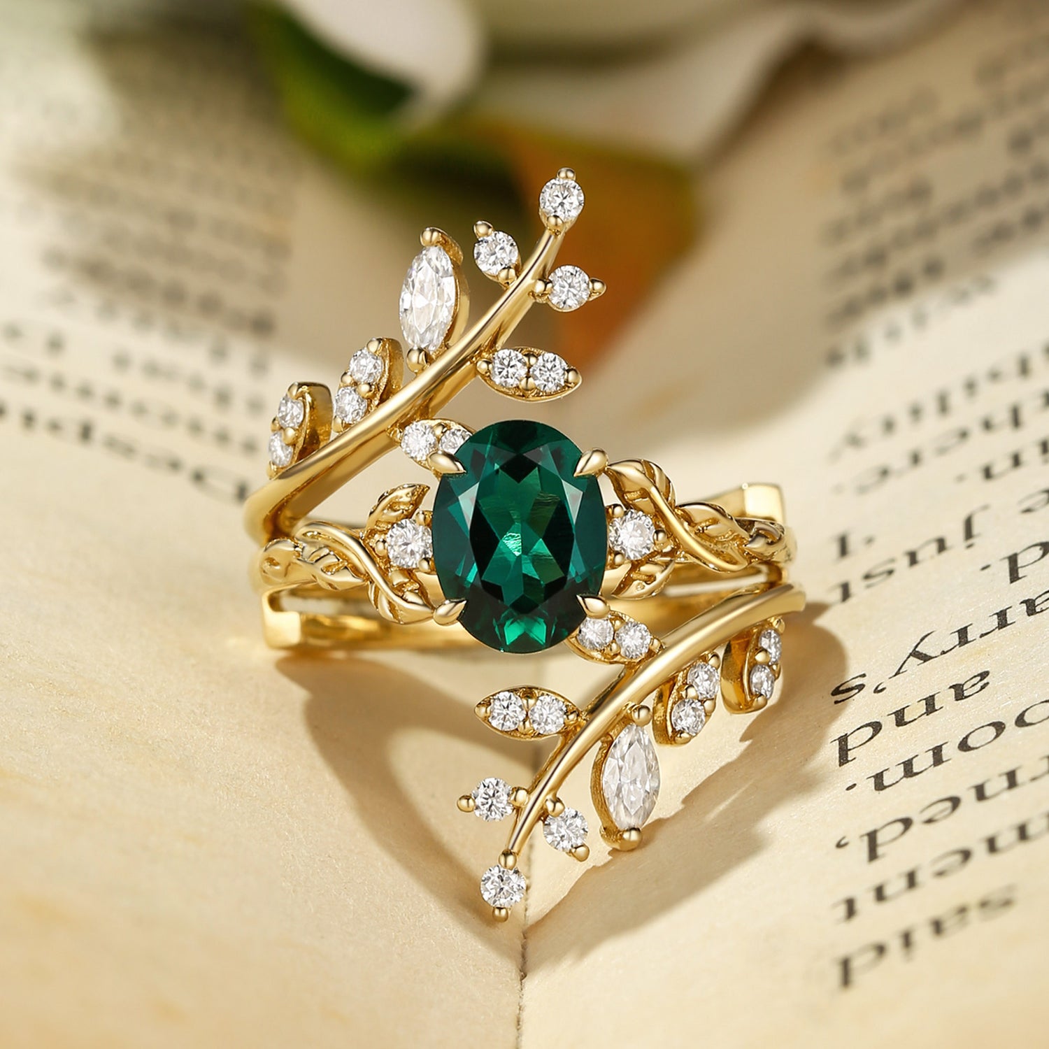 Florence - Lab Emerald Oval Cut Enhancer Leafy Bridal Set 2pcs
