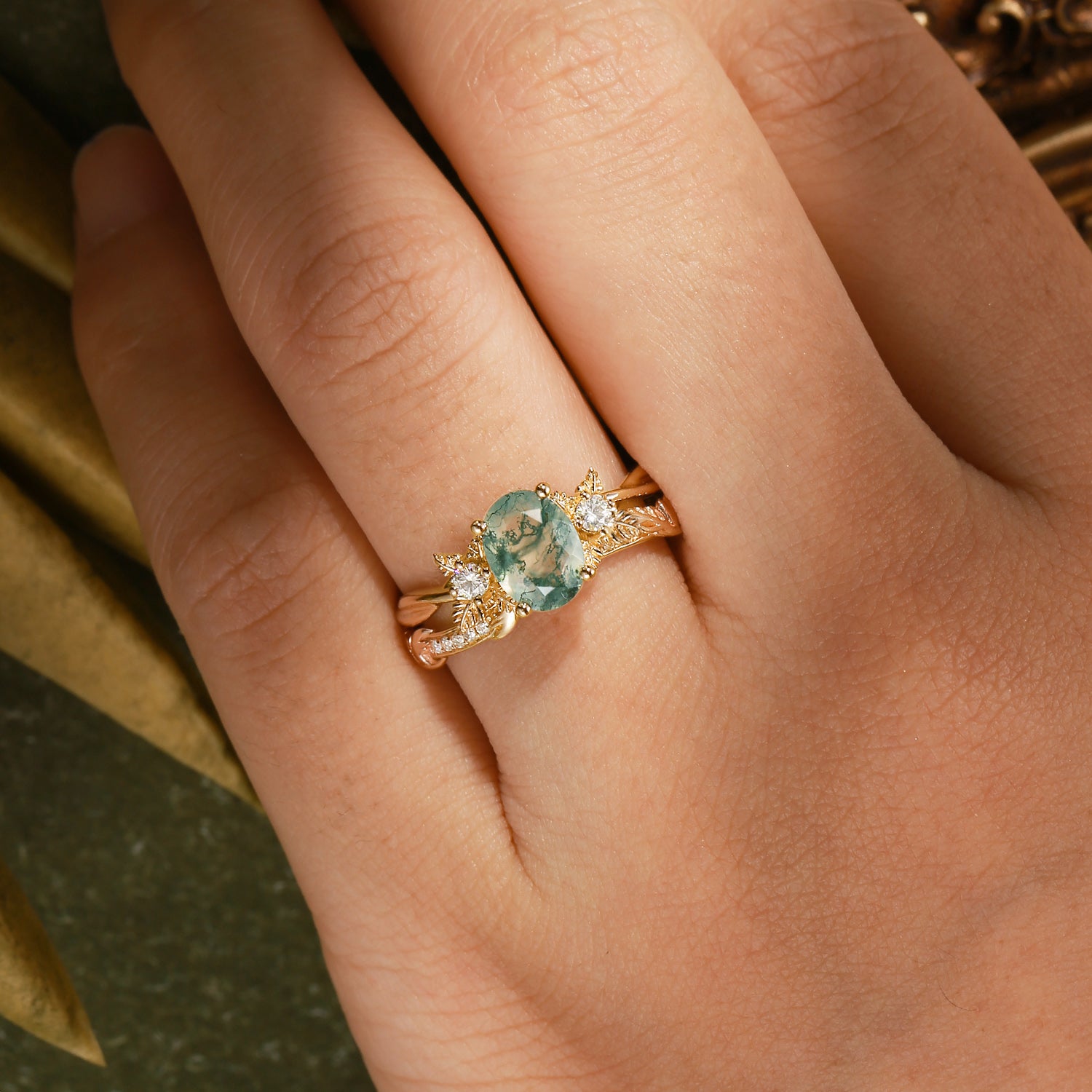 Flora - Oval Cut Moss Agate Leafy Flower Engagement Ring Set 2pcs