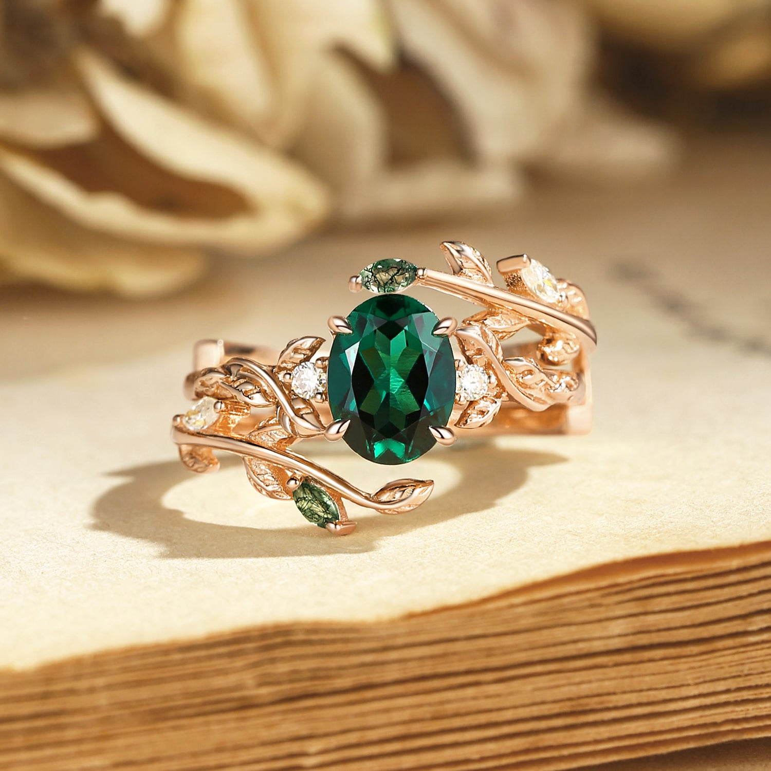 Helen - Lab Emerald Leafy Engagement Ring Set 2pcs