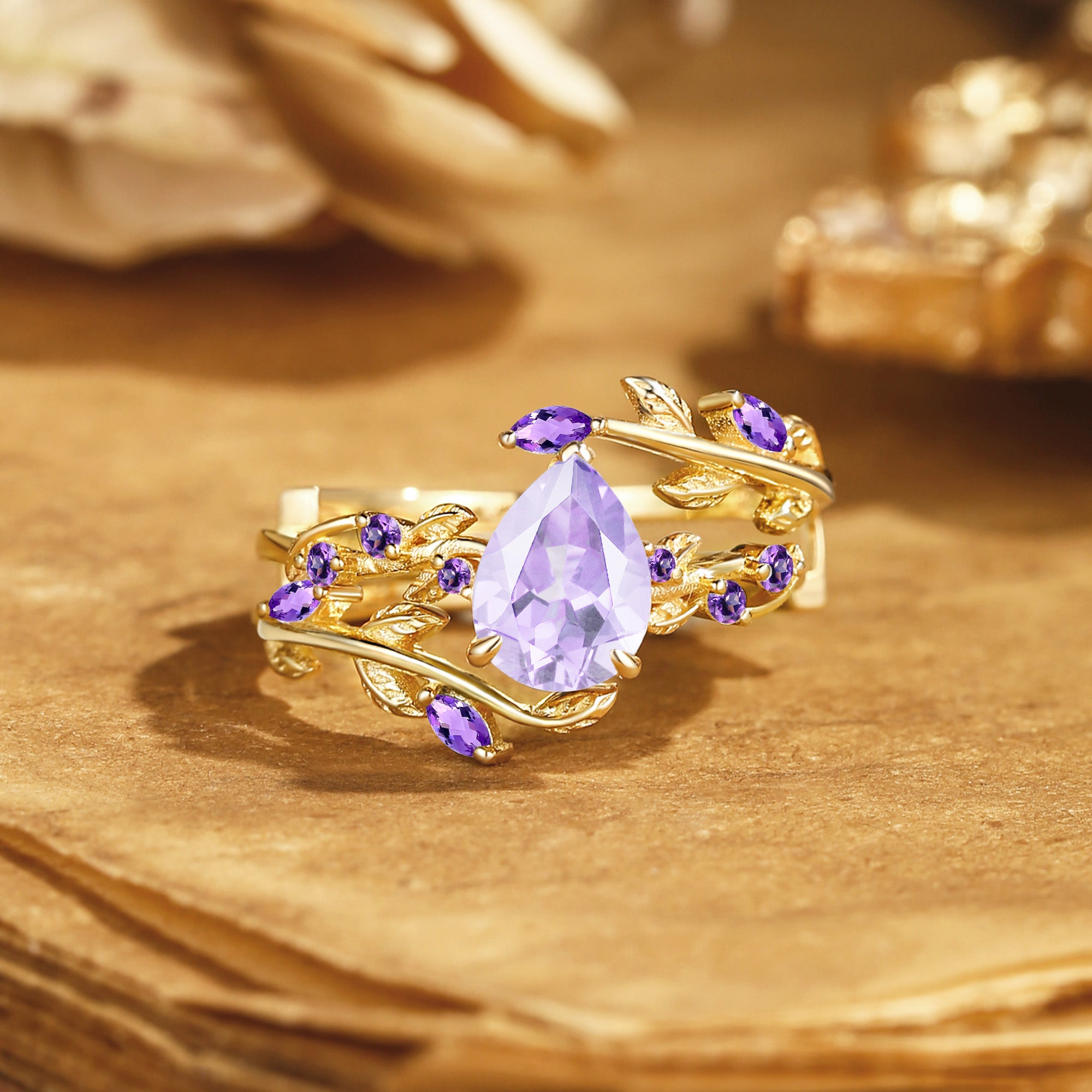 Dune - Pear Cut Amethyst Leafy Engagement Ring Set 2pcs