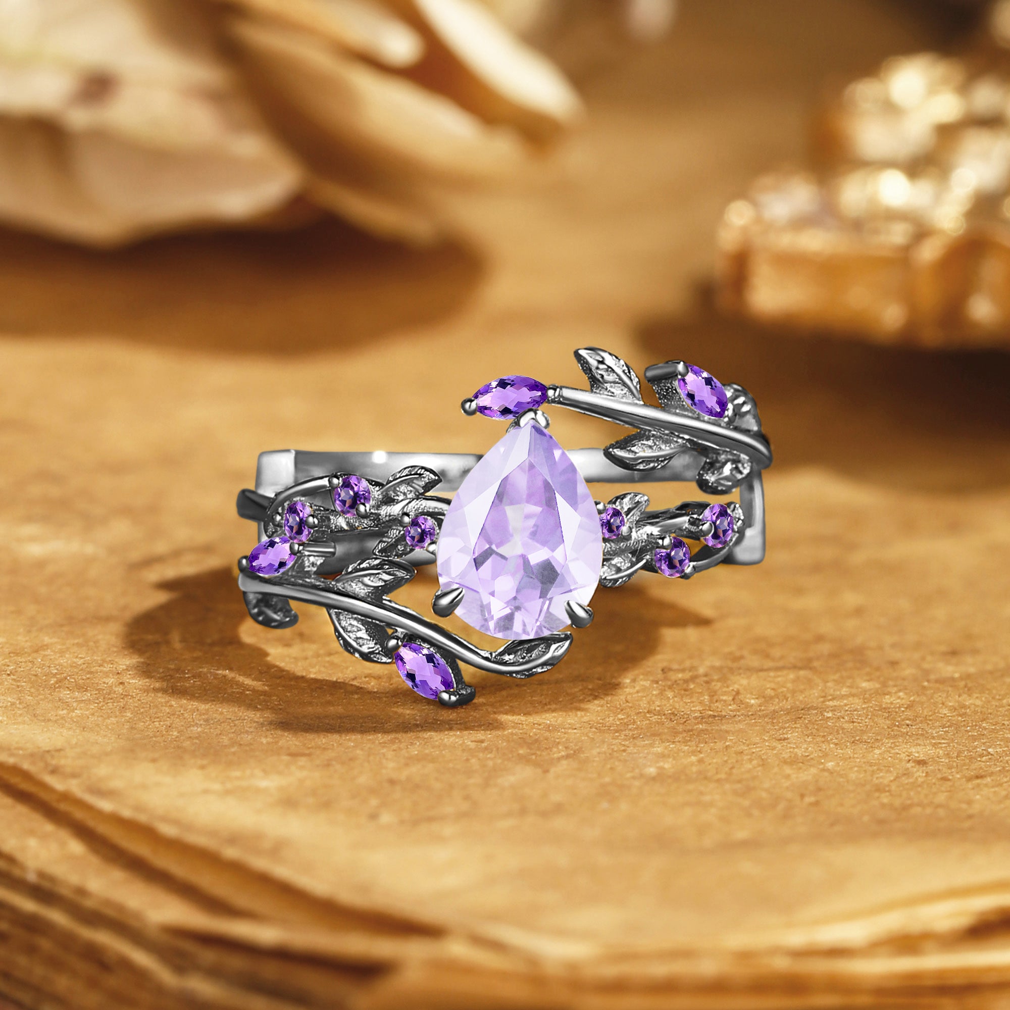 Dune - Pear Cut Amethyst Leafy Engagement Ring Set 2pcs