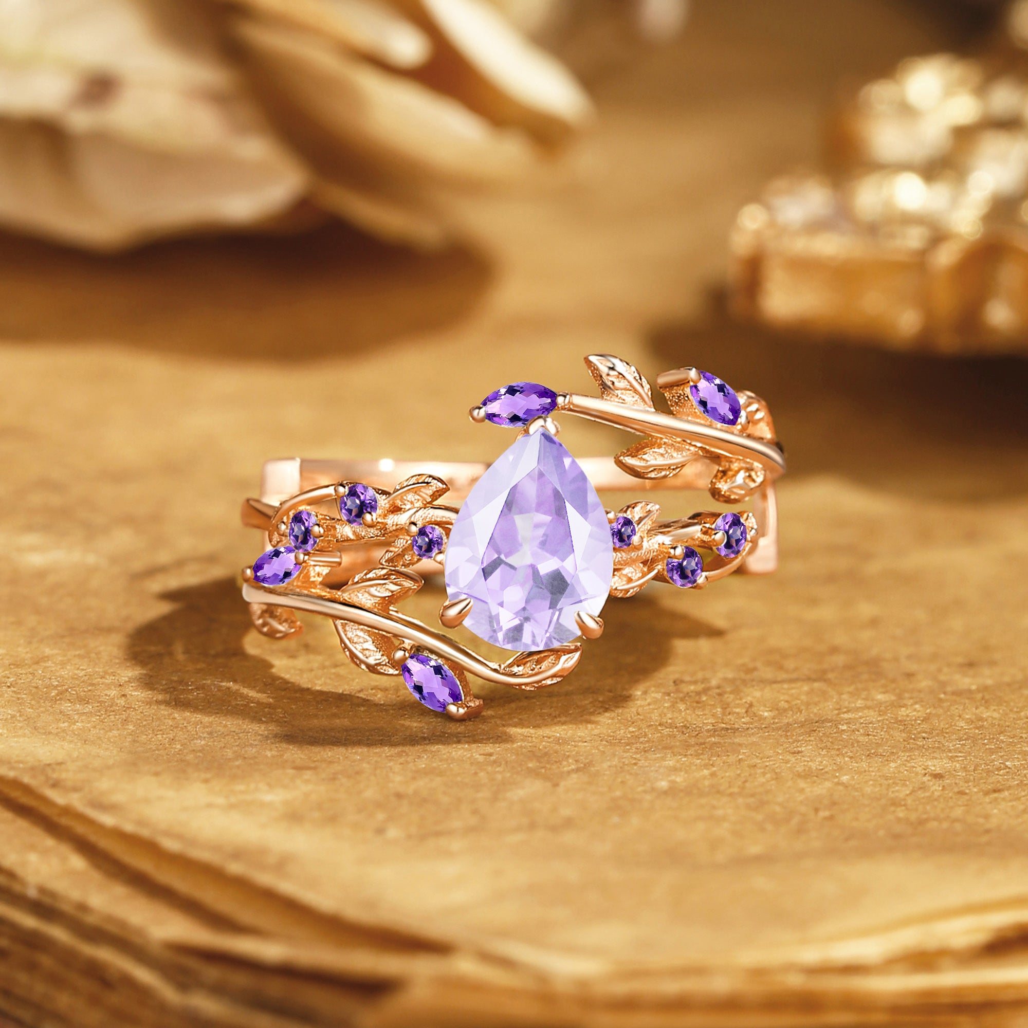 Dune - Pear Cut Amethyst Leafy Engagement Ring Set 2pcs