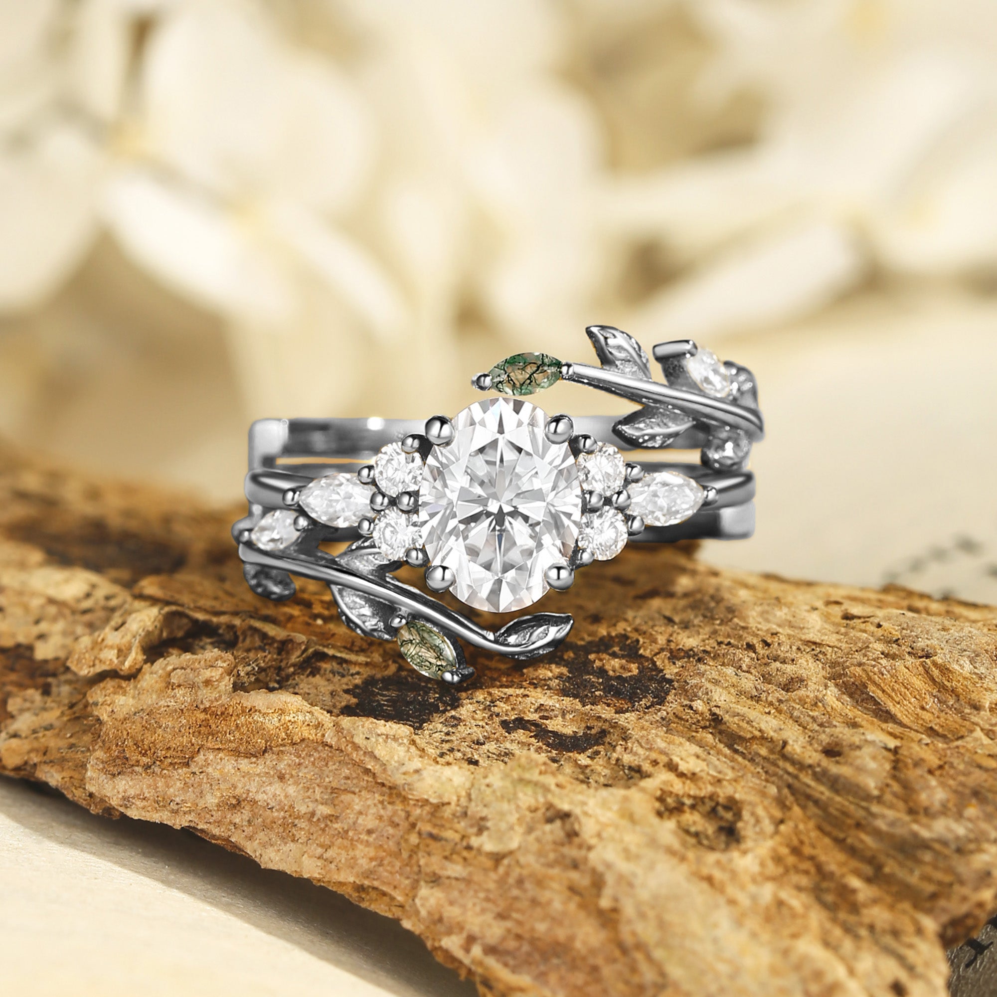 Daria - Moissanite Leafy Engagement Ring Set 2pcs
