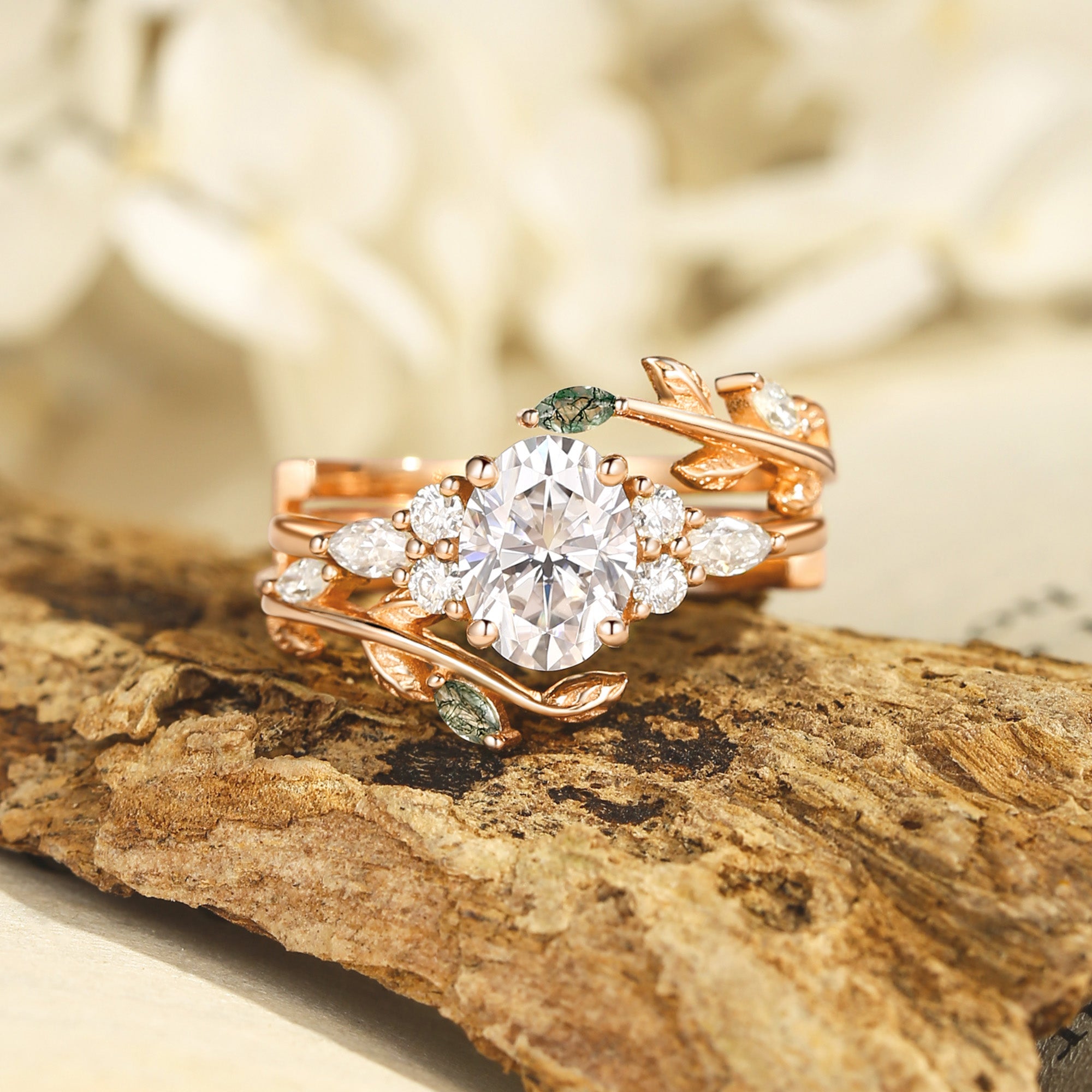 Daria - Moissanite Leafy Engagement Ring Set 2pcs