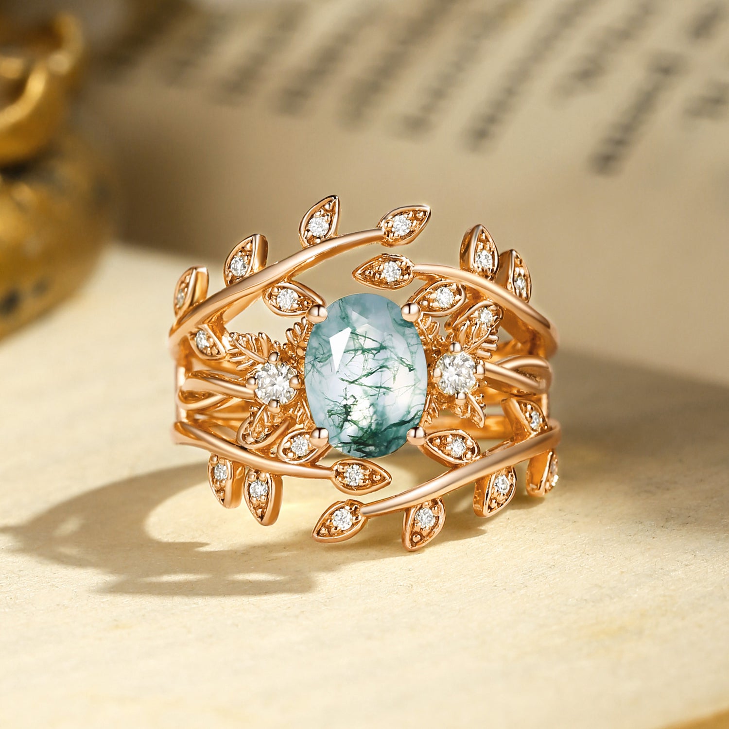 Léonie - Oval Cut Moss Agate Leafy Enhancer Ring Set 2pcs