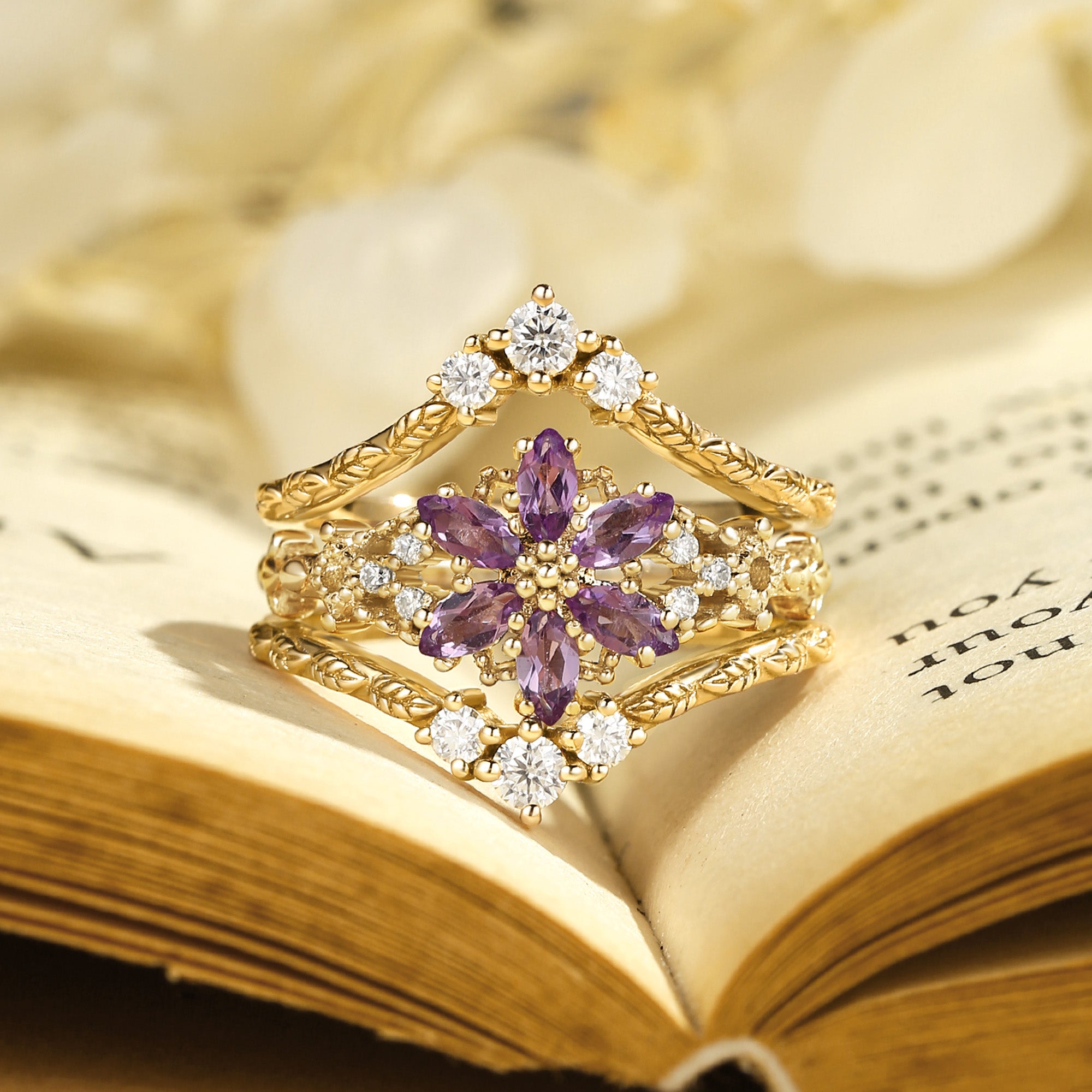 Marguerite - Amethyst Leafy Engagement Ring Set 2pcs