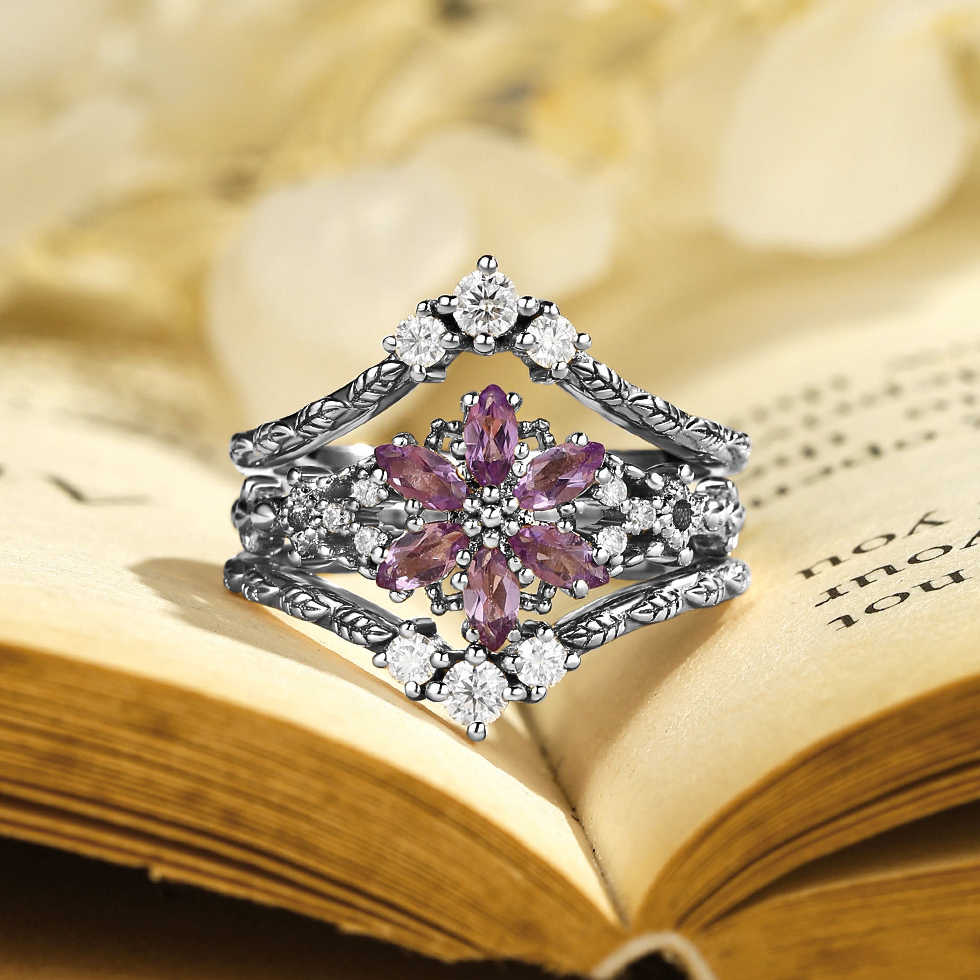 Marguerite - Amethyst Leafy Engagement Ring Set 2pcs