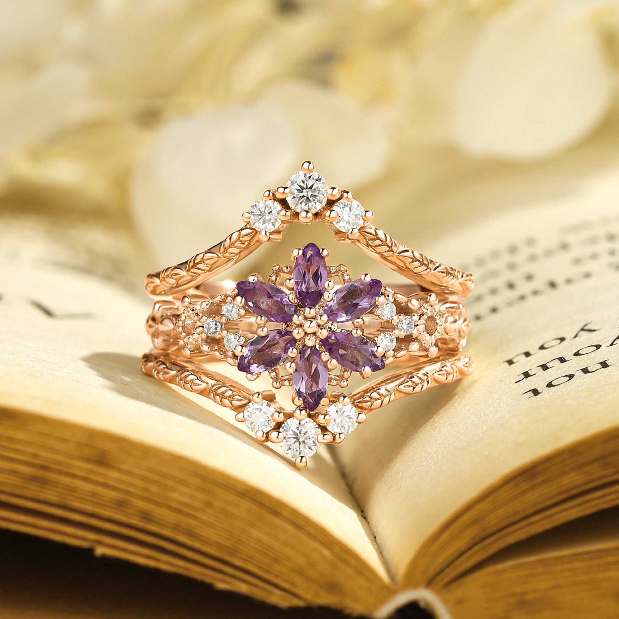 Marguerite - Amethyst Leafy Engagement Ring Set 2pcs