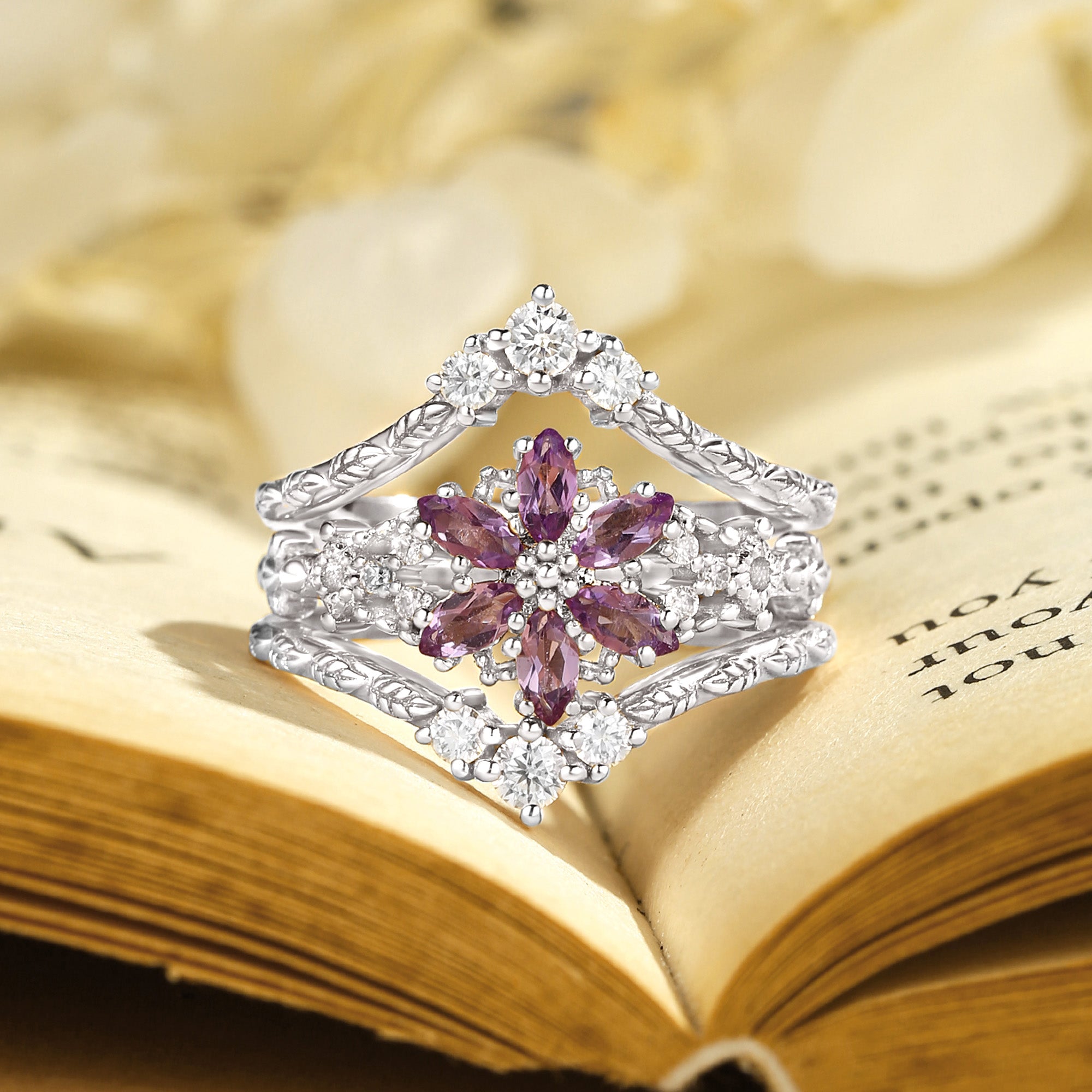 Marguerite - Amethyst Leafy Engagement Ring Set 2pcs