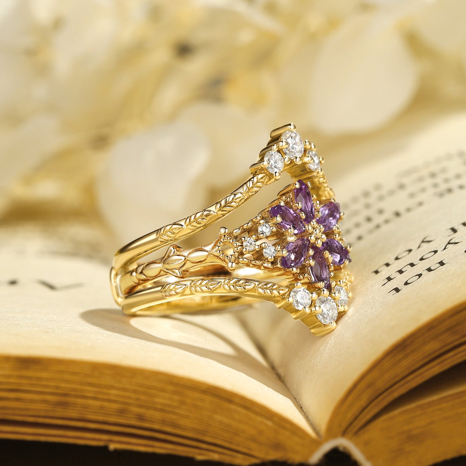 Marguerite - Amethyst Leafy Engagement Ring Set 2pcs