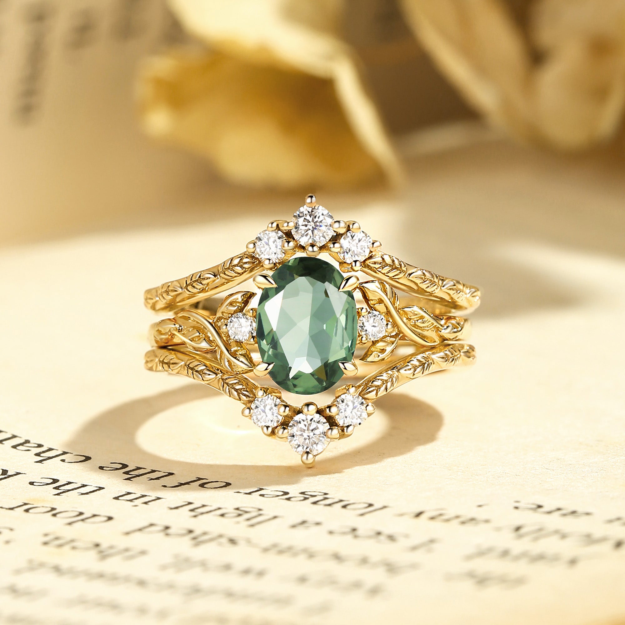 Josephine - Mint Lab Green Sapphire Oval Cut Leafy Filigree Bridal Set 2pcs