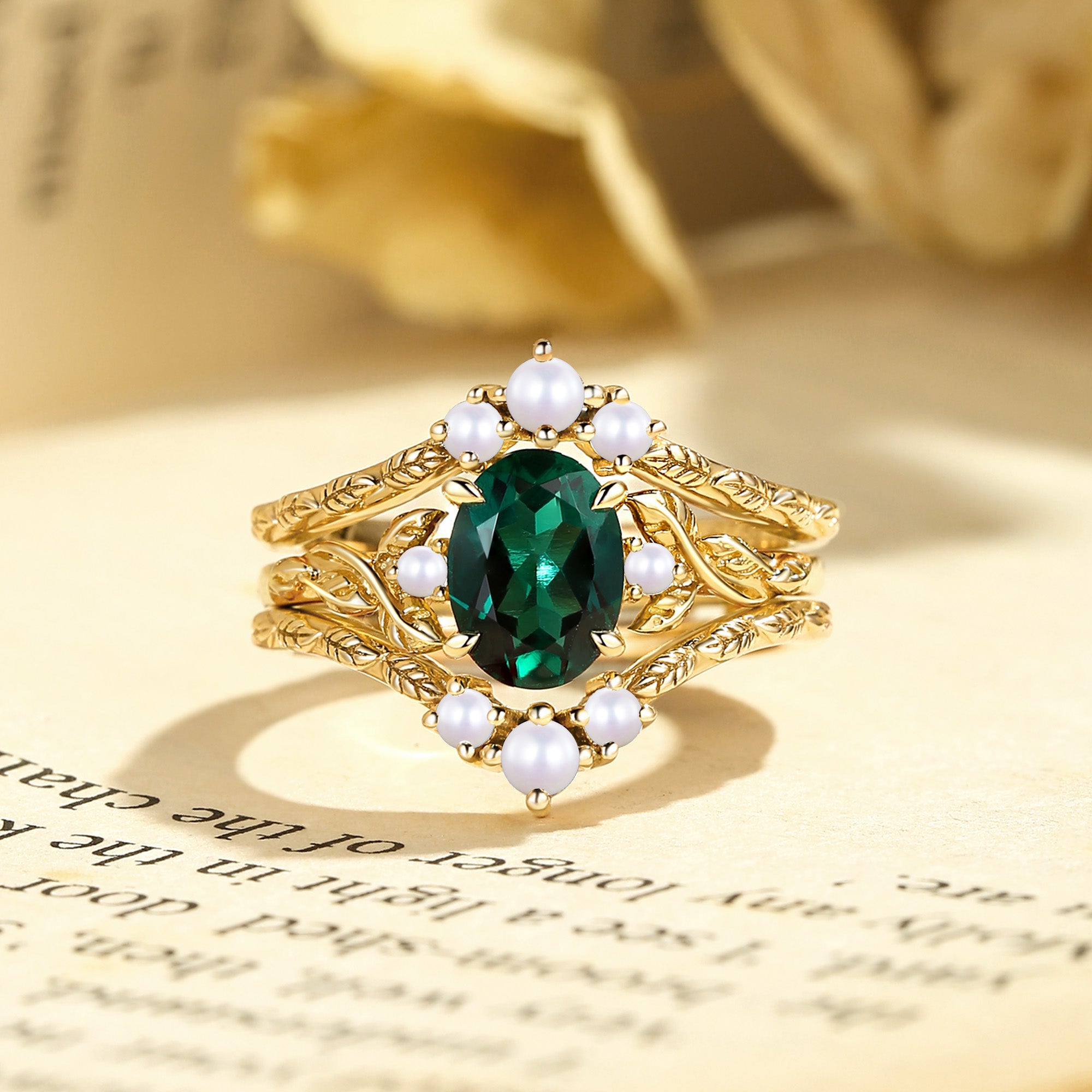 Josephine - Lab Emerald & Pearl Leafy Filigree Bridal Set 2pcs