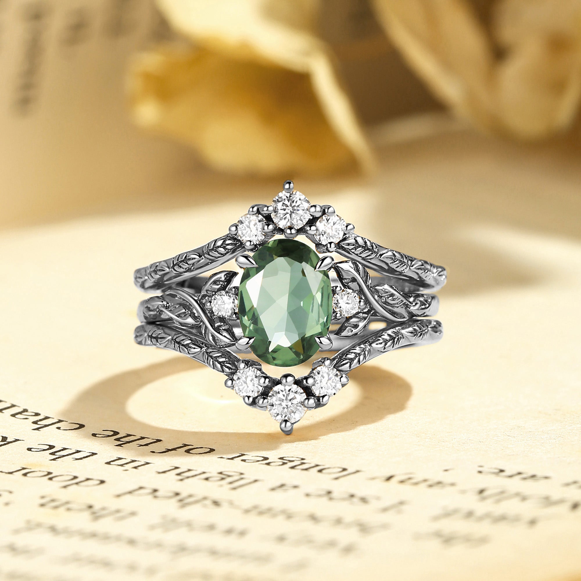 Josephine - Mint Lab Green Sapphire Oval Cut Leafy Filigree Bridal Set 2pcs