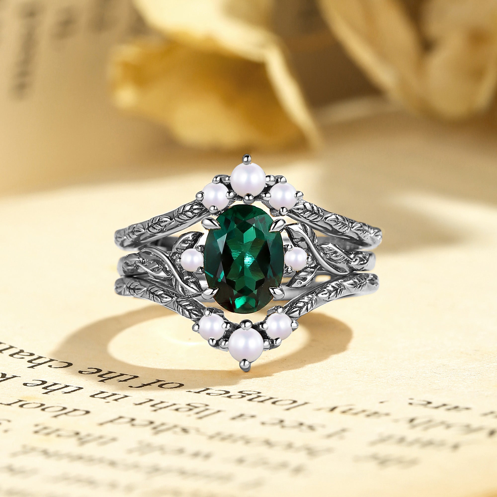 Josephine - Lab Emerald & Pearl Leafy Filigree Bridal Set 2pcs