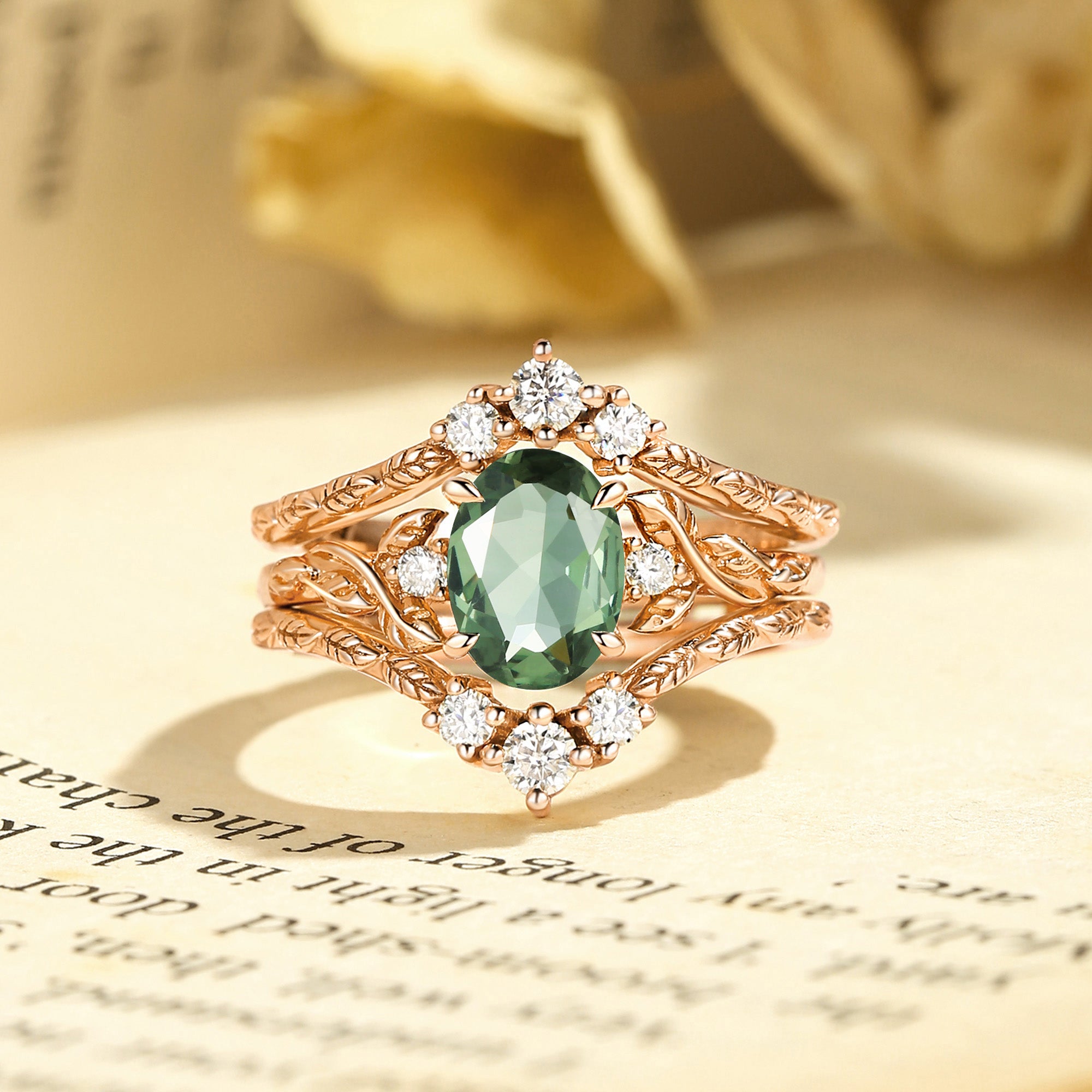 Josephine - Mint Lab Green Sapphire Oval Cut Leafy Filigree Bridal Set 2pcs