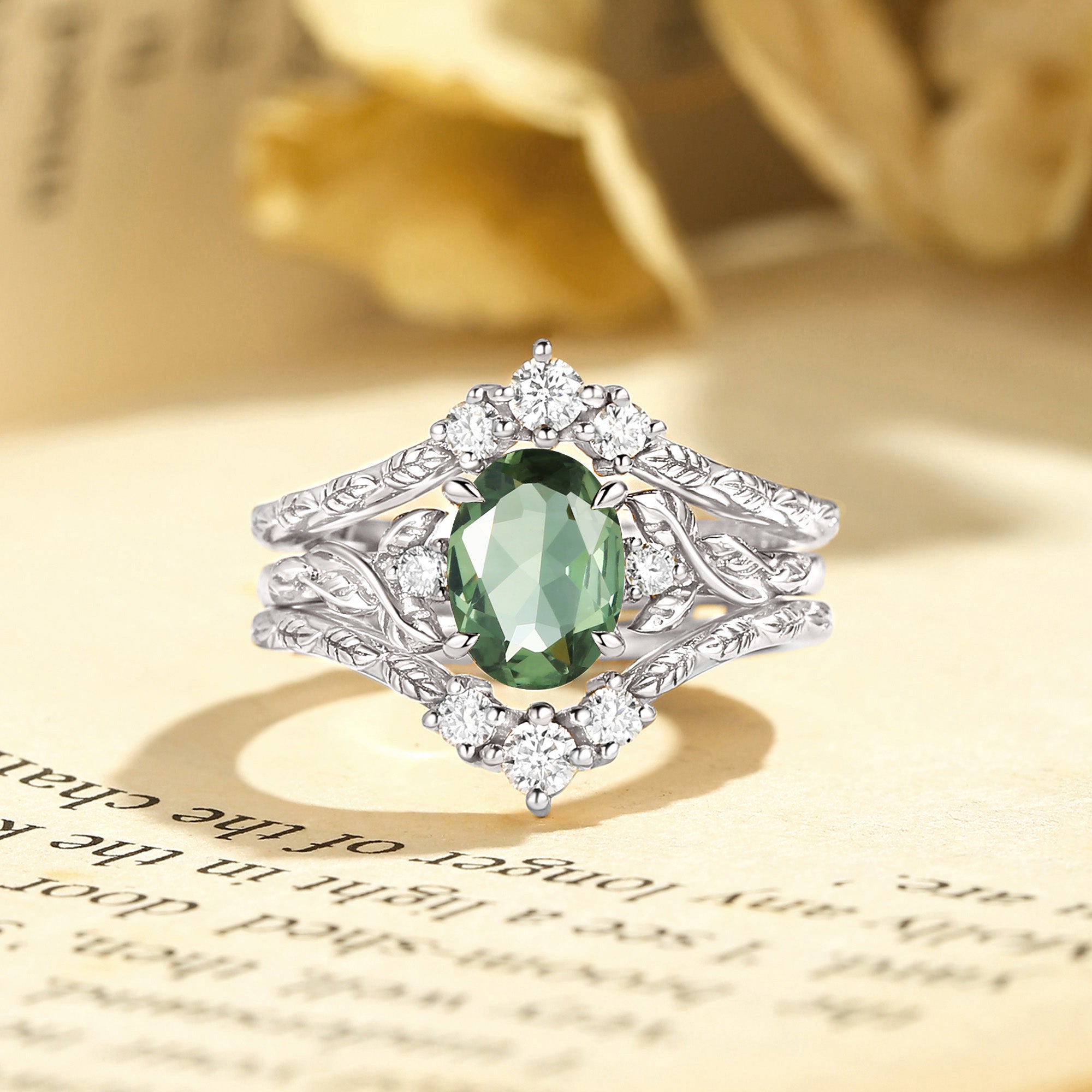 Josephine - Mint Lab Green Sapphire Oval Cut Leafy Filigree Bridal Set 2pcs