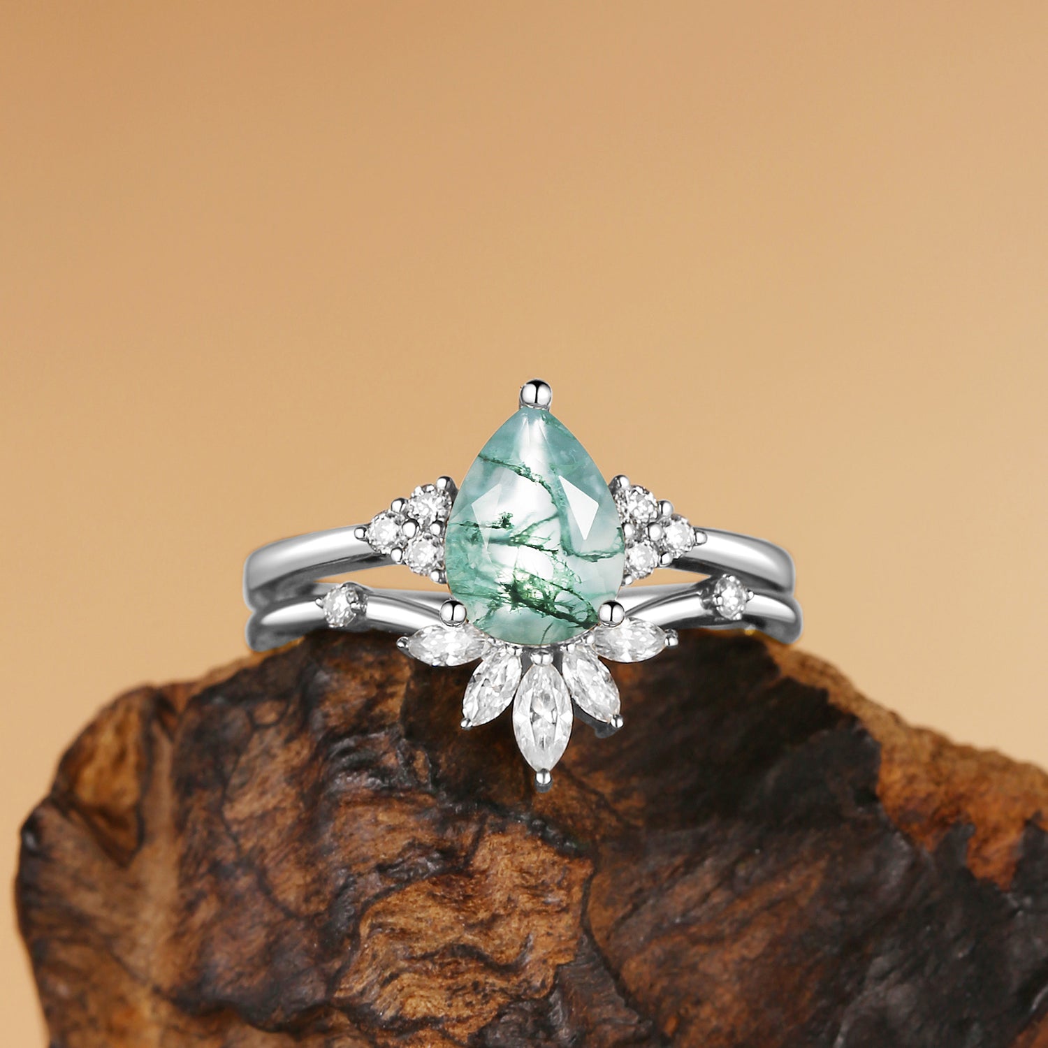 Camille - Pear Cut Moss Agate Classic Engagement Ring Set 2pcs