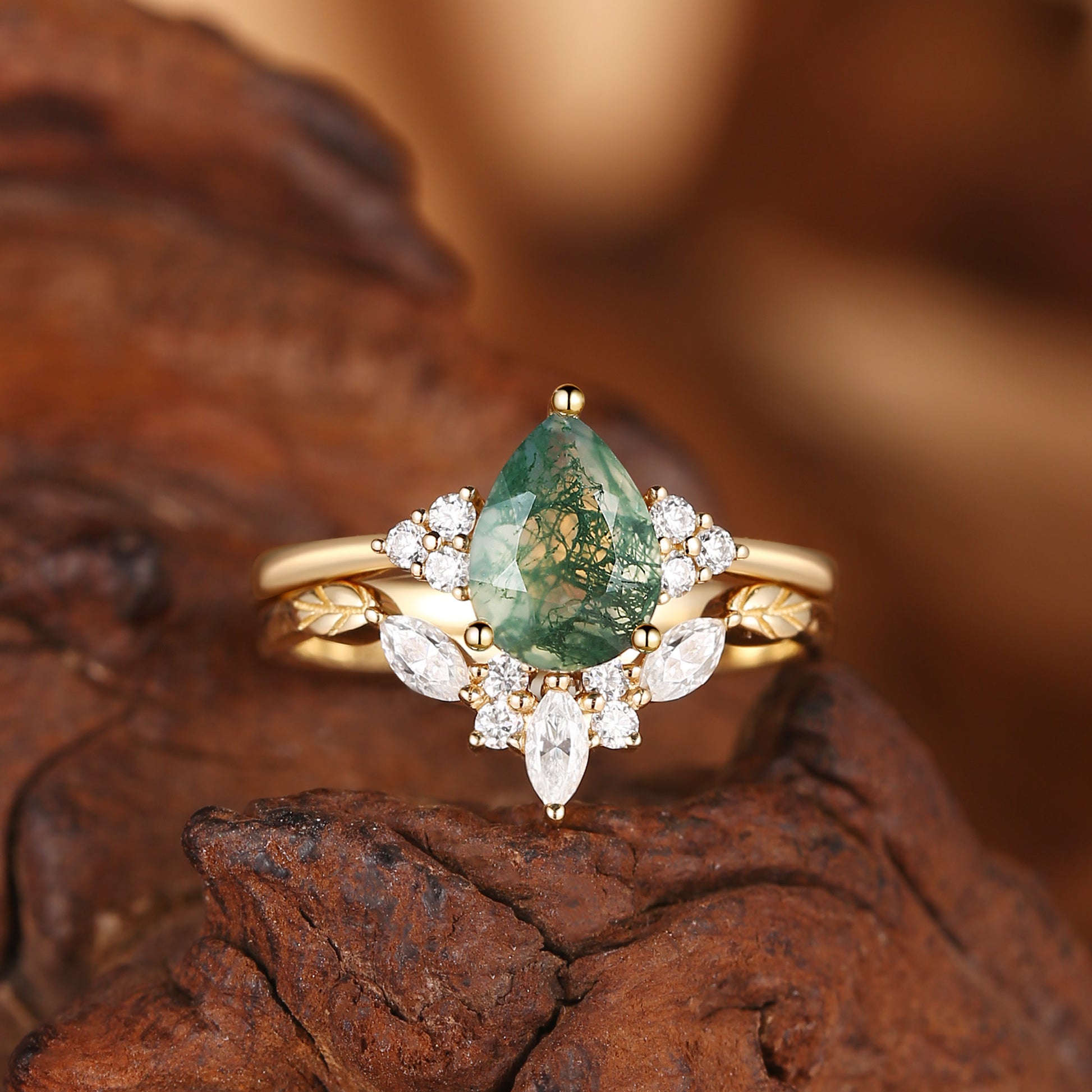 Classic Ring - Unique Moss Agate Engagement Ring Set 2pcs